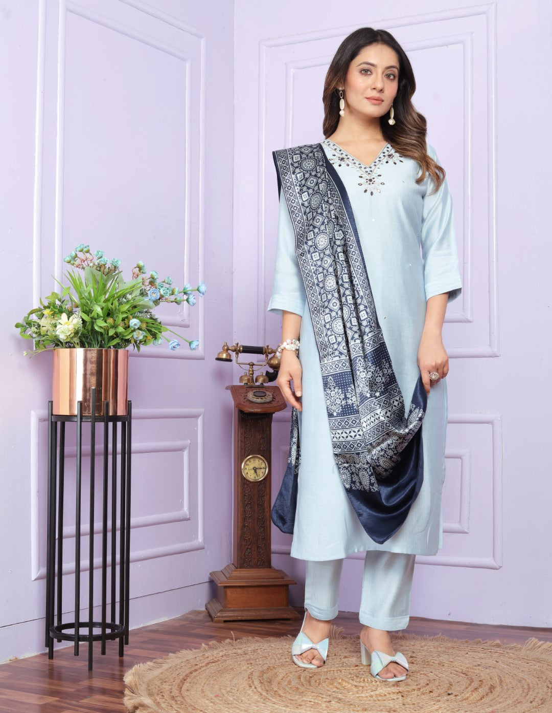Presenting Sky Blue Color Soft Morni Silk Kurta Set