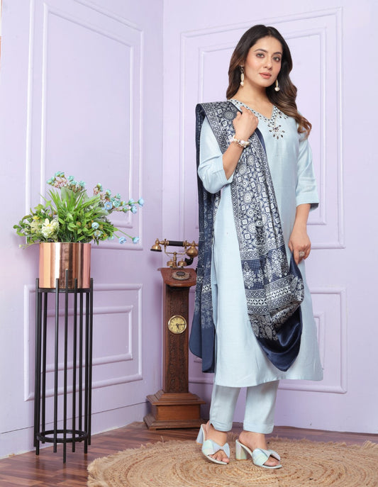 Presenting Sky Blue Color Soft Morni Silk Kurta Set