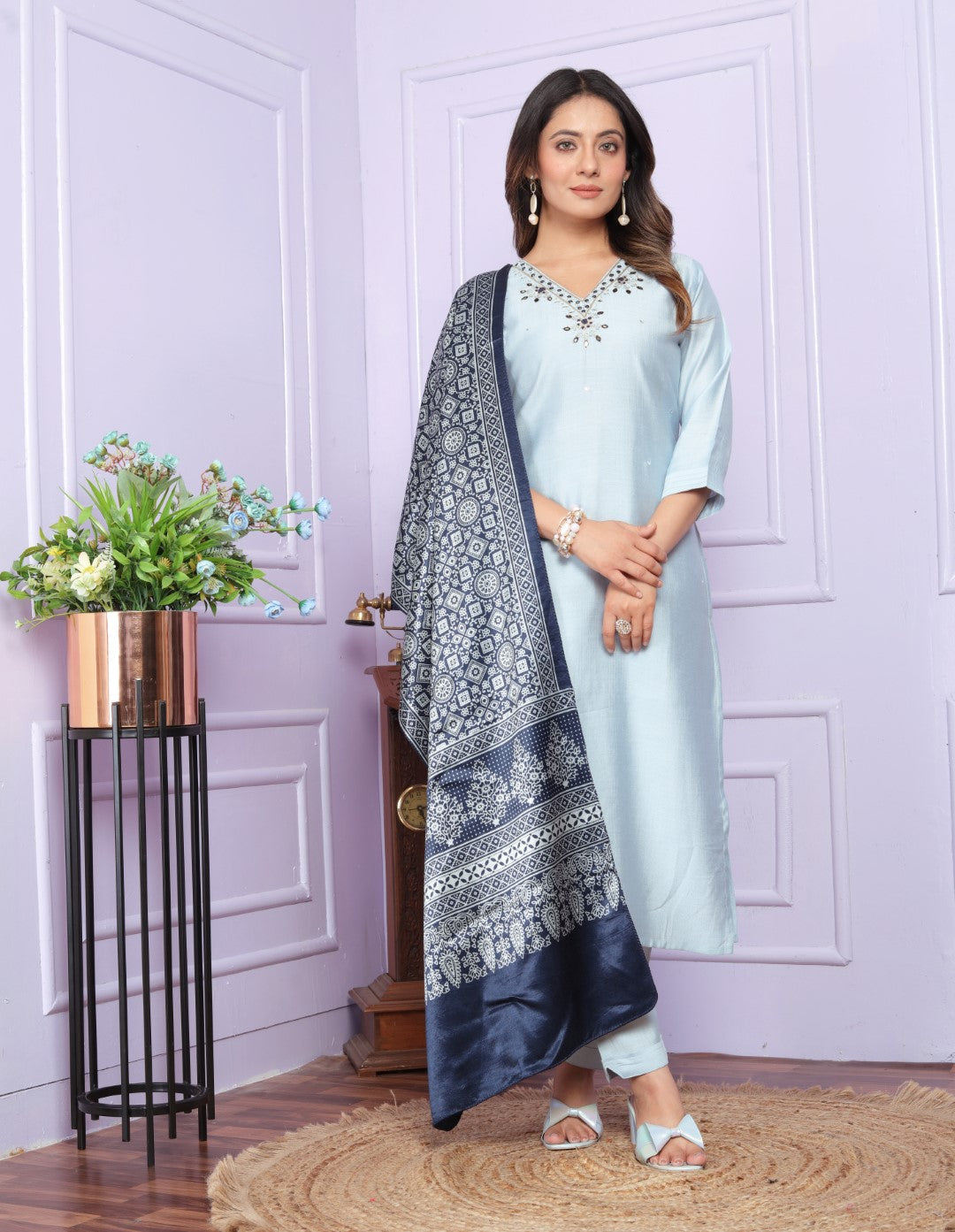 Presenting Sky Blue Color Soft Morni Silk Kurta Set