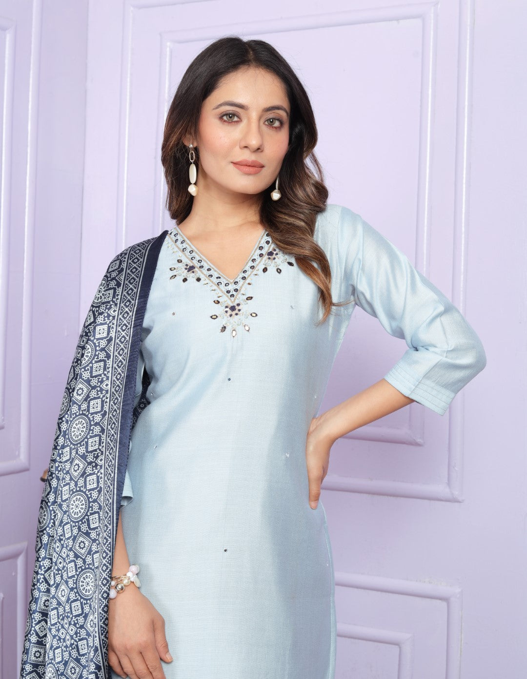 Presenting Sky Blue Color Soft Morni Silk Kurta Set
