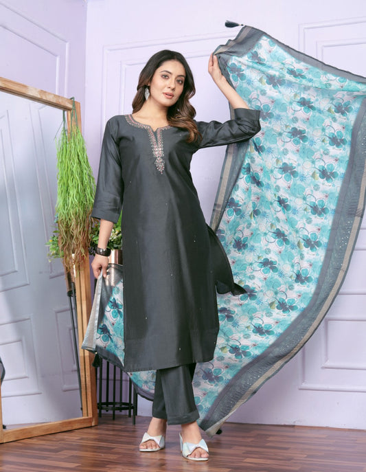 Festive Wear Green Color Silk Denting Hand Work Kurta Set