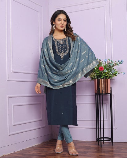 Opulent Rusian Silk Round Neck Blue Color Kurta Set