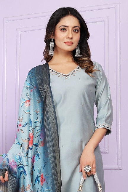 Unique V Neck Sky Blue Color Straight Kurta With Pent