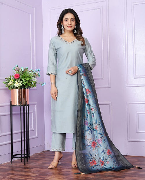 Unique V Neck Sky Blue Color Straight Kurta With Pent