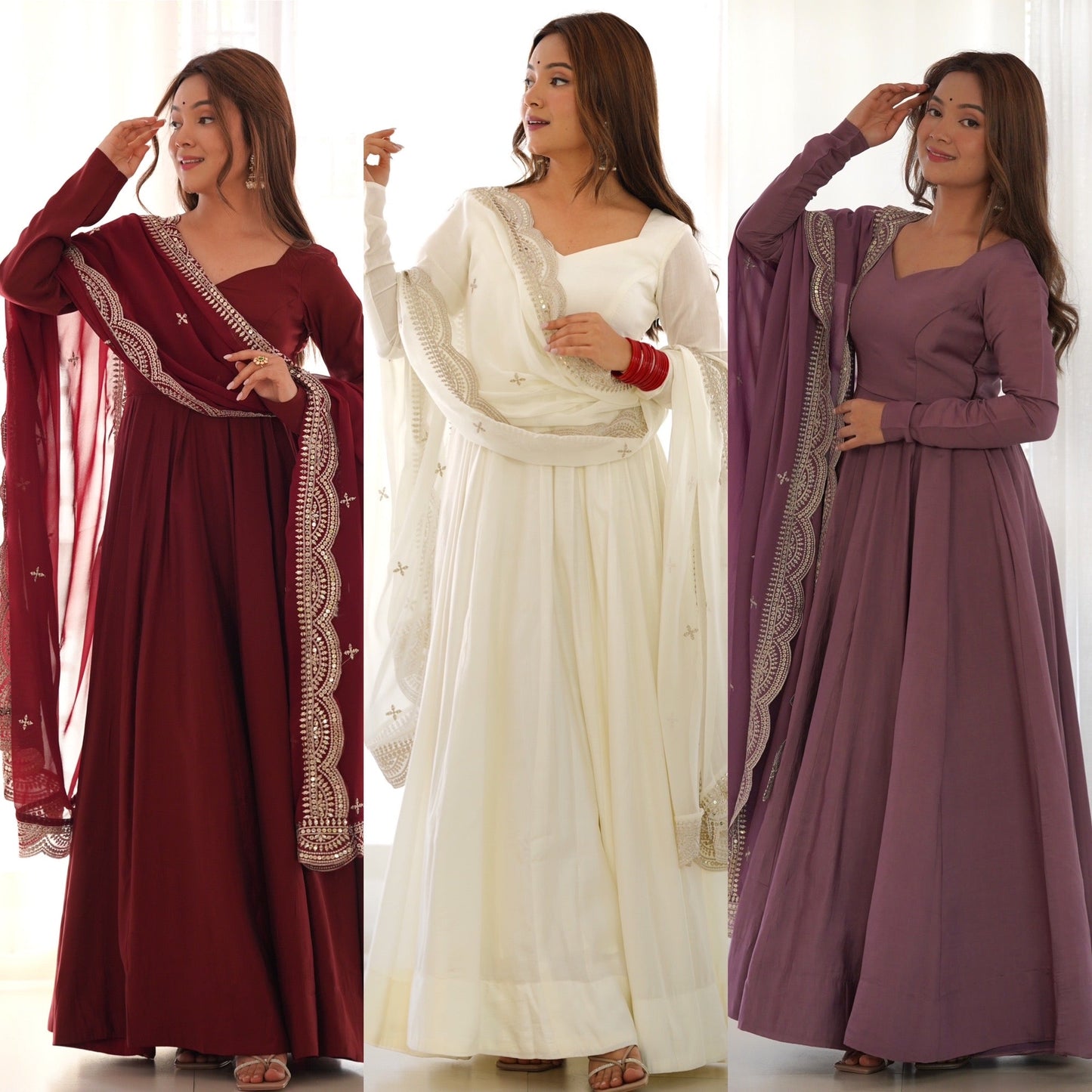 Decent Wine And Mustard Roman Silk Anarkali Gown