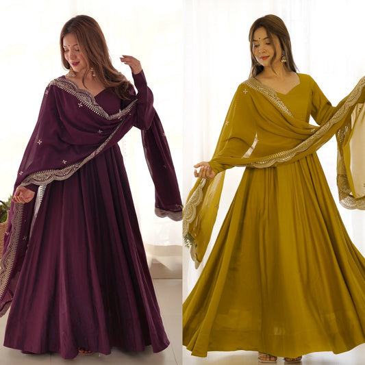 Decent Wine And Mustard Roman Silk Anarkali Gown