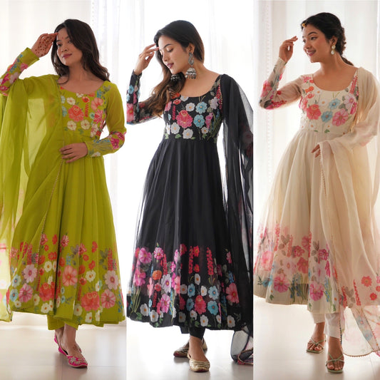 Glorious Mehndi, Black And Cream Organza Silk Print Anarkali Gown
