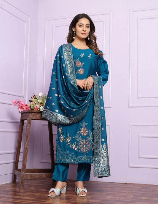Delightful Russian Silk Blue Color Kurta With Pent