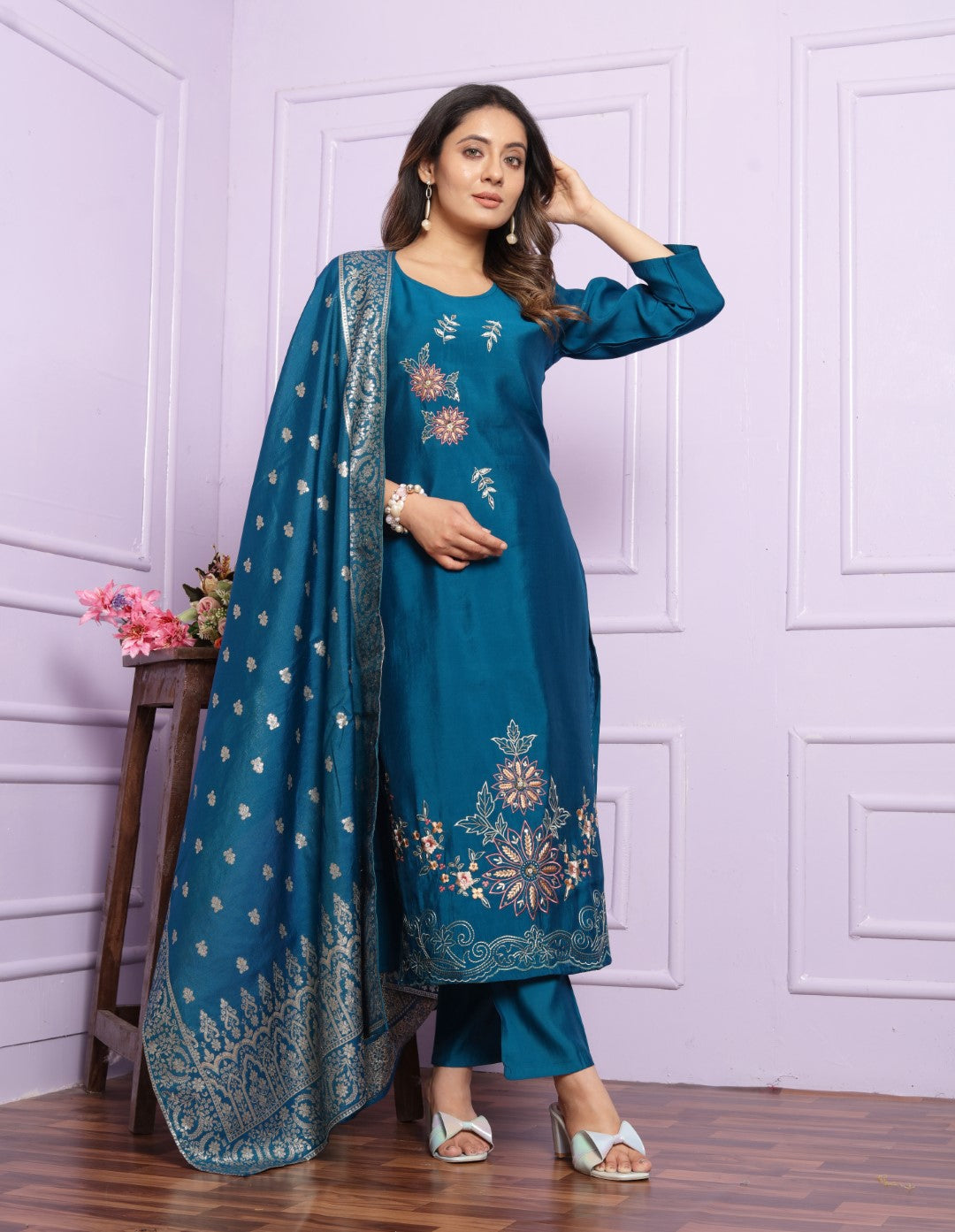 Delightful Russian Silk Blue Color Kurta With Pent