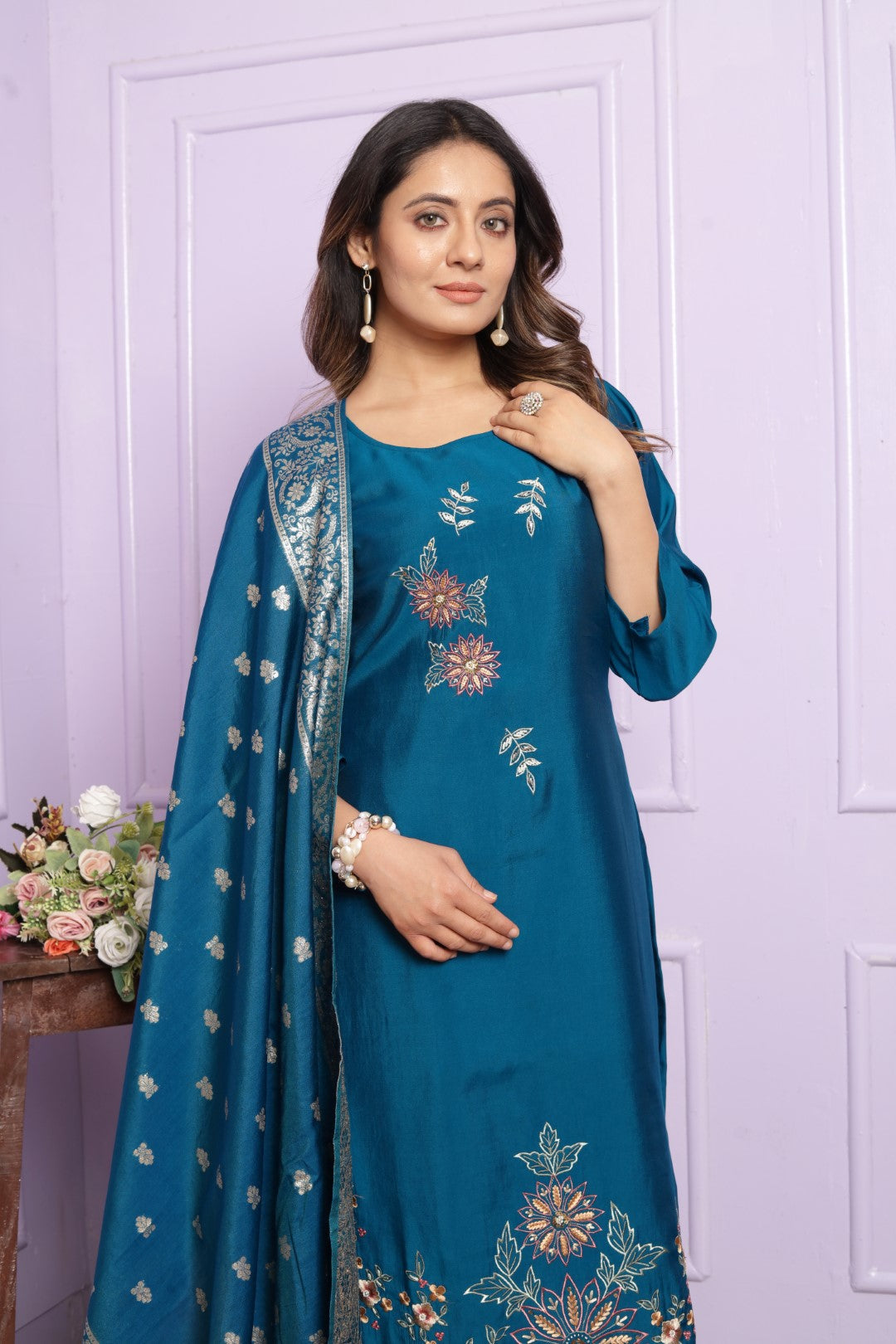 Delightful Russian Silk Blue Color Kurta With Pent