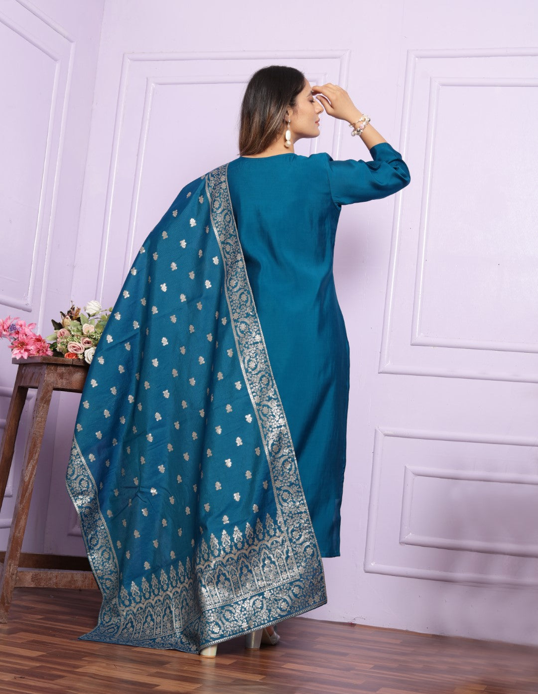 Delightful Russian Silk Blue Color Kurta With Pent