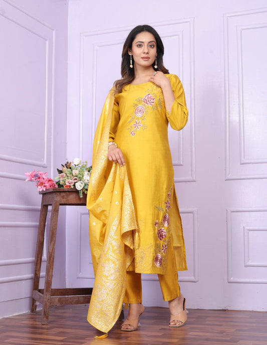 Delightful Russian Silk Yellow Color Kurta With Pent