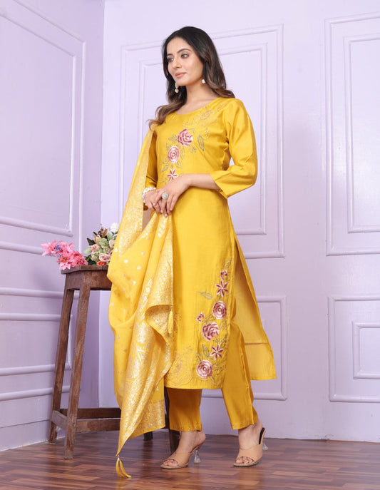 Delightful Russian Silk Yellow Color Kurta With Pent