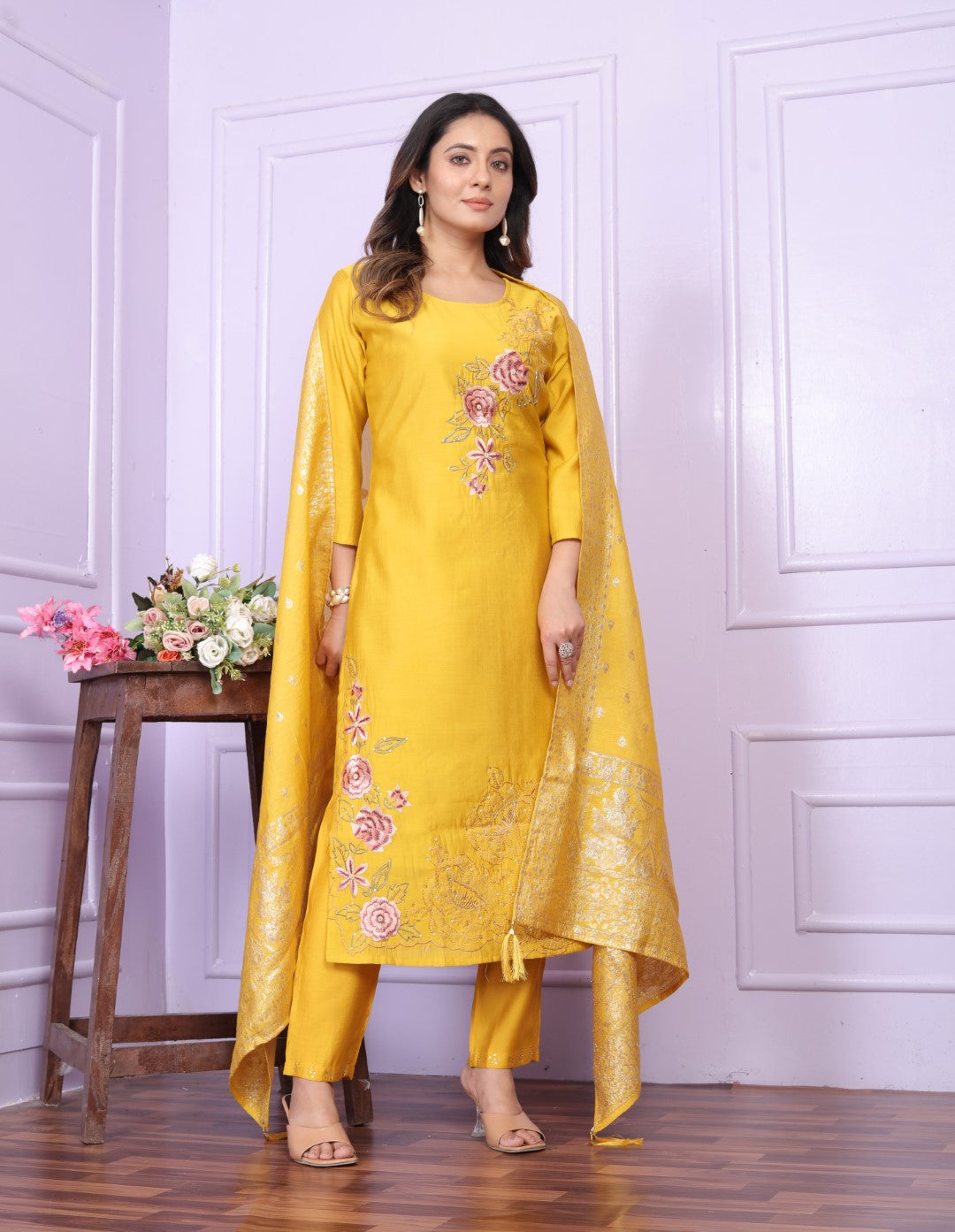 Delightful Russian Silk Yellow Color Kurta With Pent