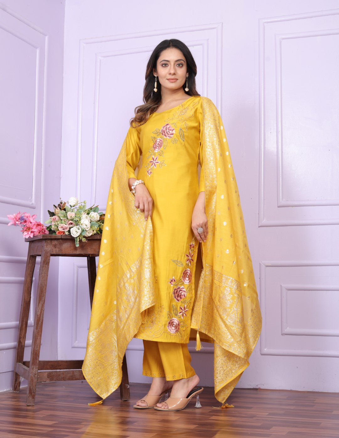 Delightful Russian Silk Yellow Color Kurta With Pent