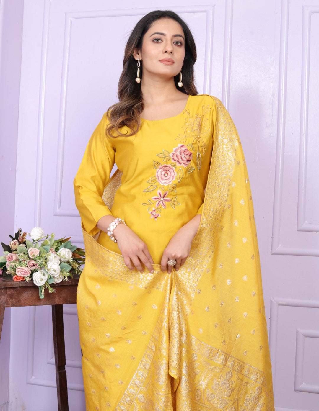 Delightful Russian Silk Yellow Color Kurta With Pent
