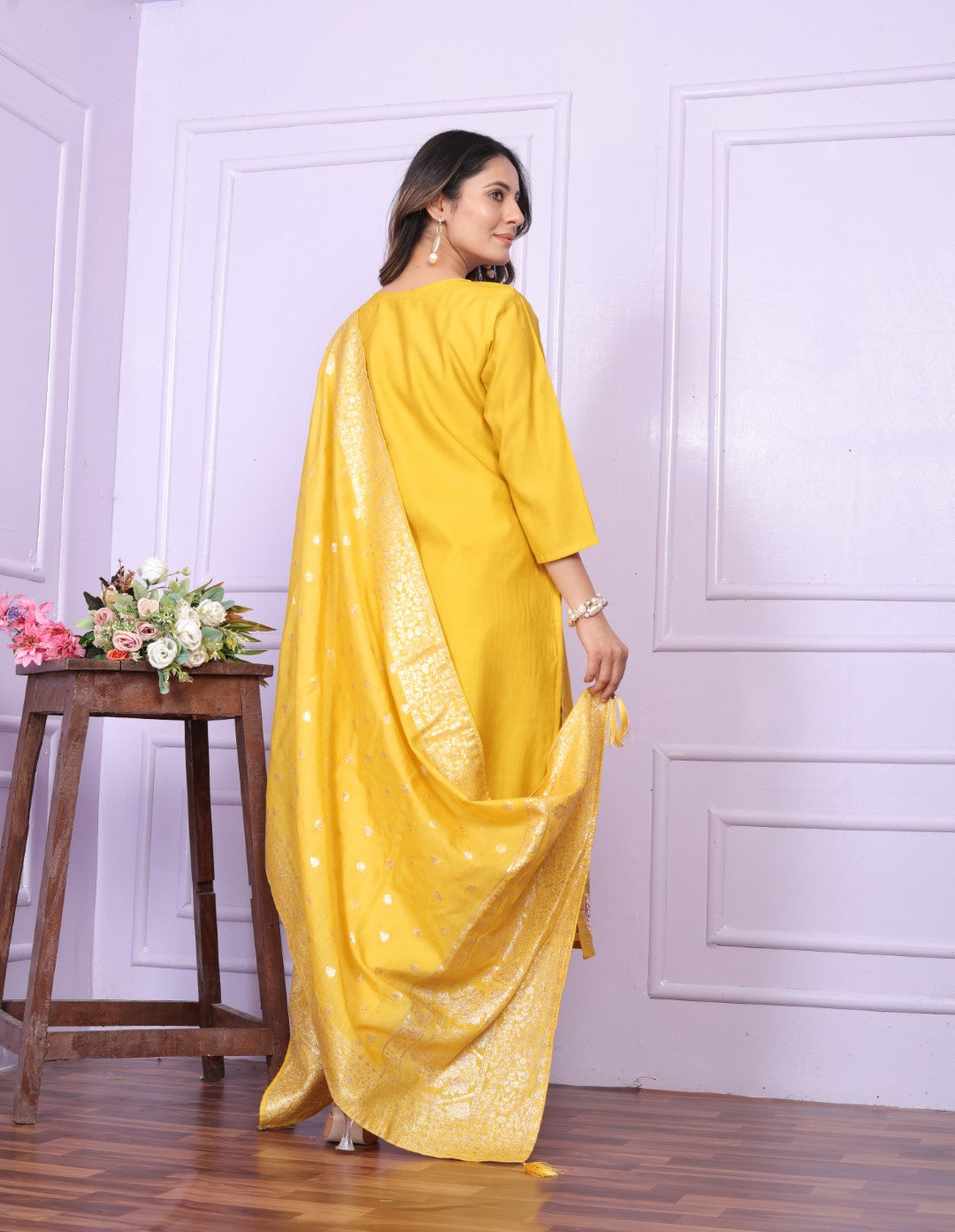 Delightful Russian Silk Yellow Color Kurta With Pent