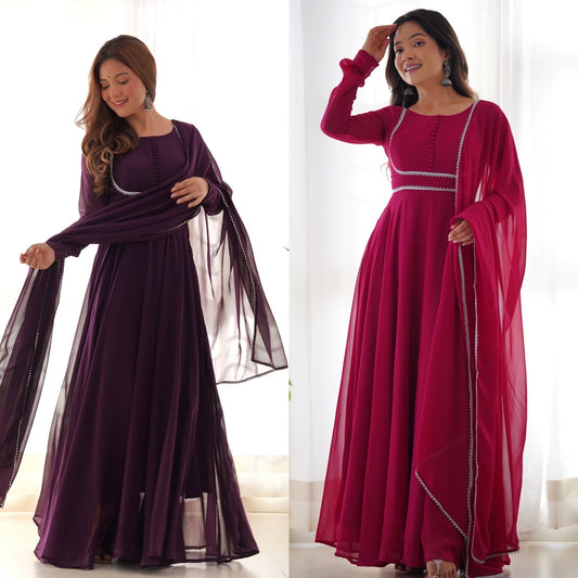 Delightful Georgette Wine And Pink Color Ready To Wear Gown