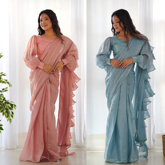 Charming Jimmy Choo Organza Pink And Sky Blue Color Ready To Wear Saree