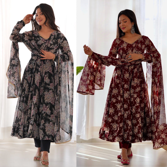 Presenting V Neck Black And Maroon Color Anarkali Suit