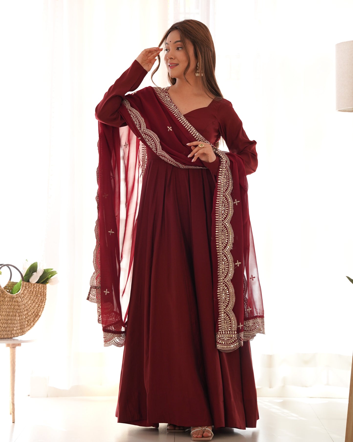 Decent Wine And Mustard Roman Silk Anarkali Gown