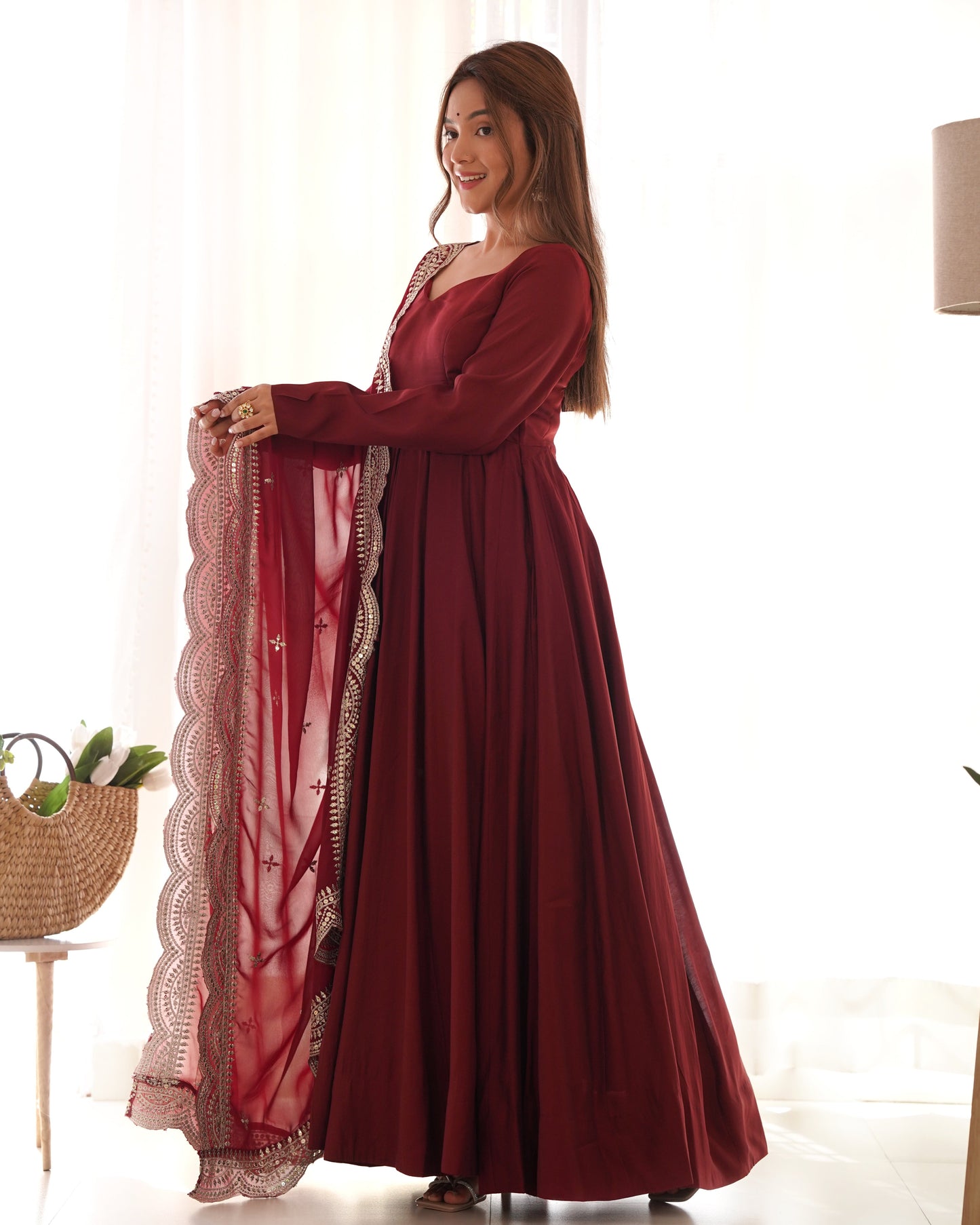 Decent Wine And Mustard Roman Silk Anarkali Gown