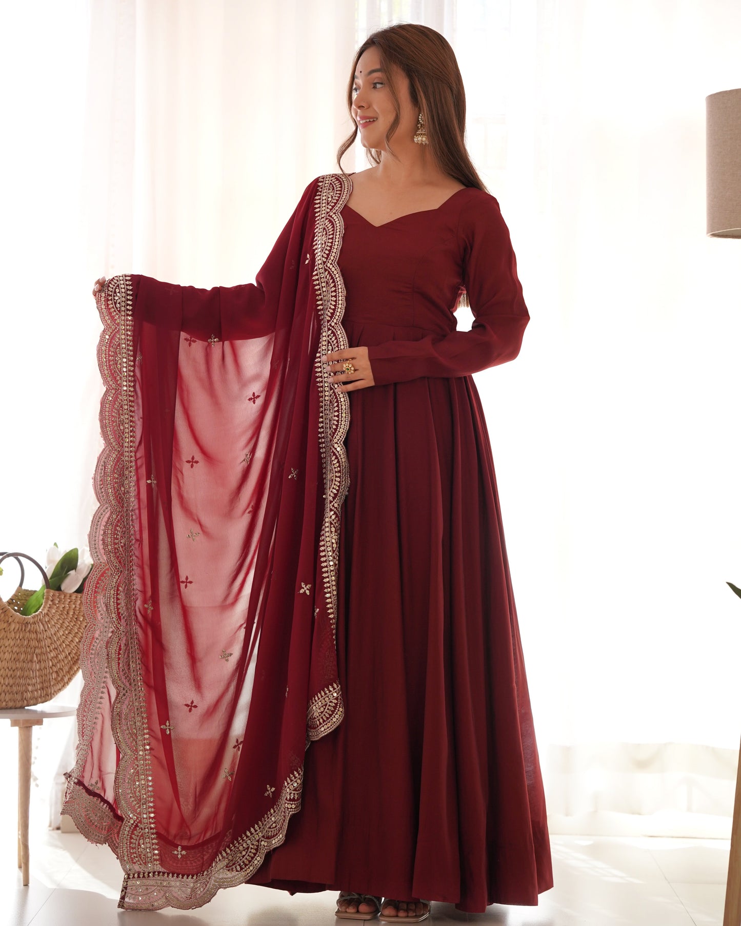 Decent Wine And Mustard Roman Silk Anarkali Gown
