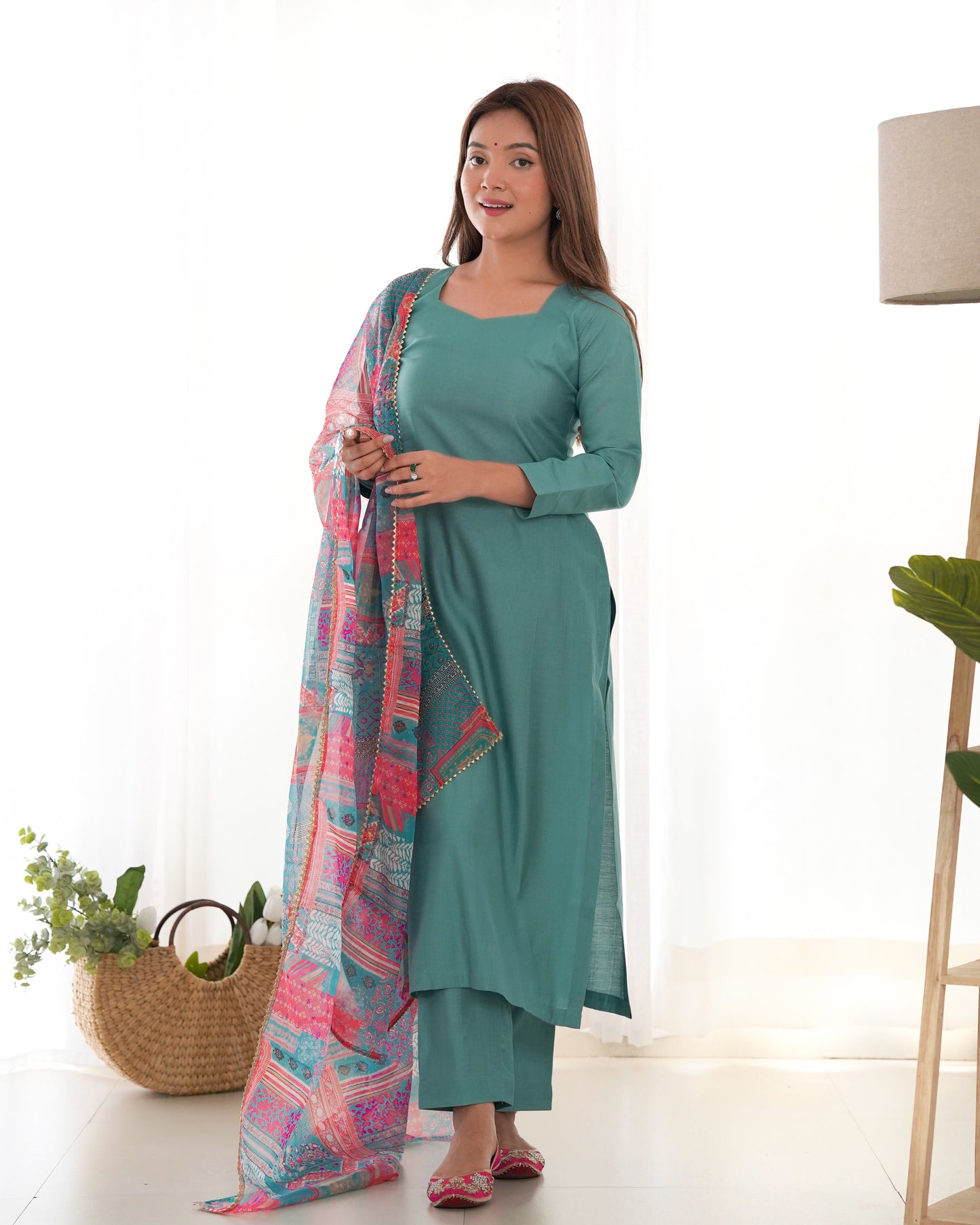 Delightful Viscose Teal Blue And Mustard Color Kurta With Pent