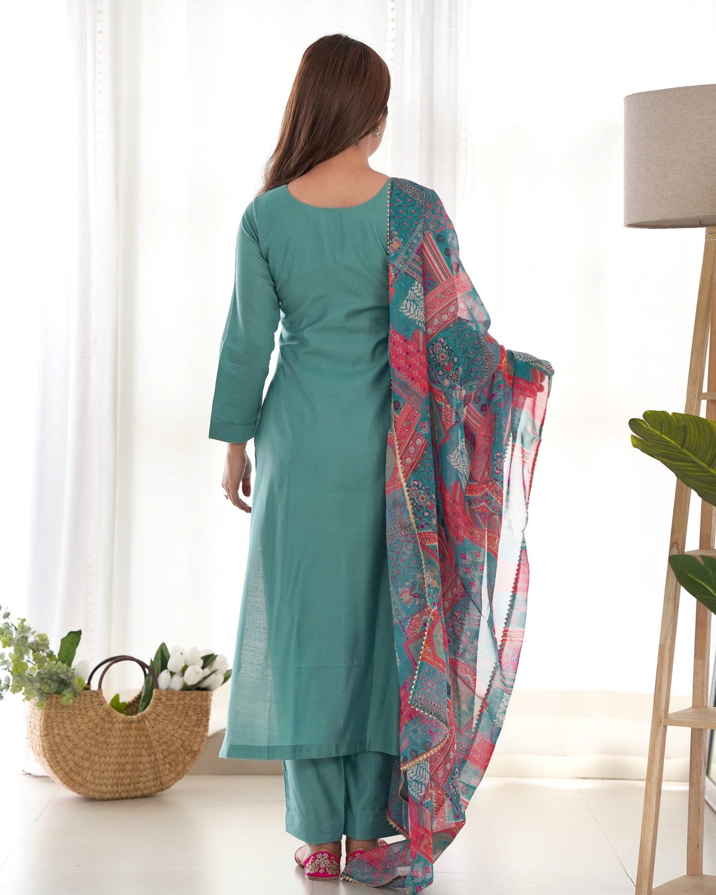 Delightful Viscose Teal Blue And Mustard Color Kurta With Pent