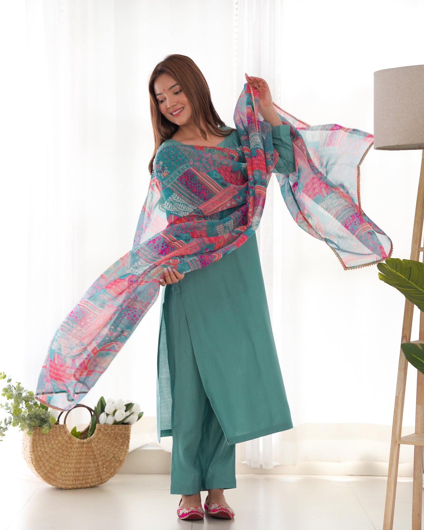 Delightful Viscose Teal Blue And Mustard Color Kurta With Pent
