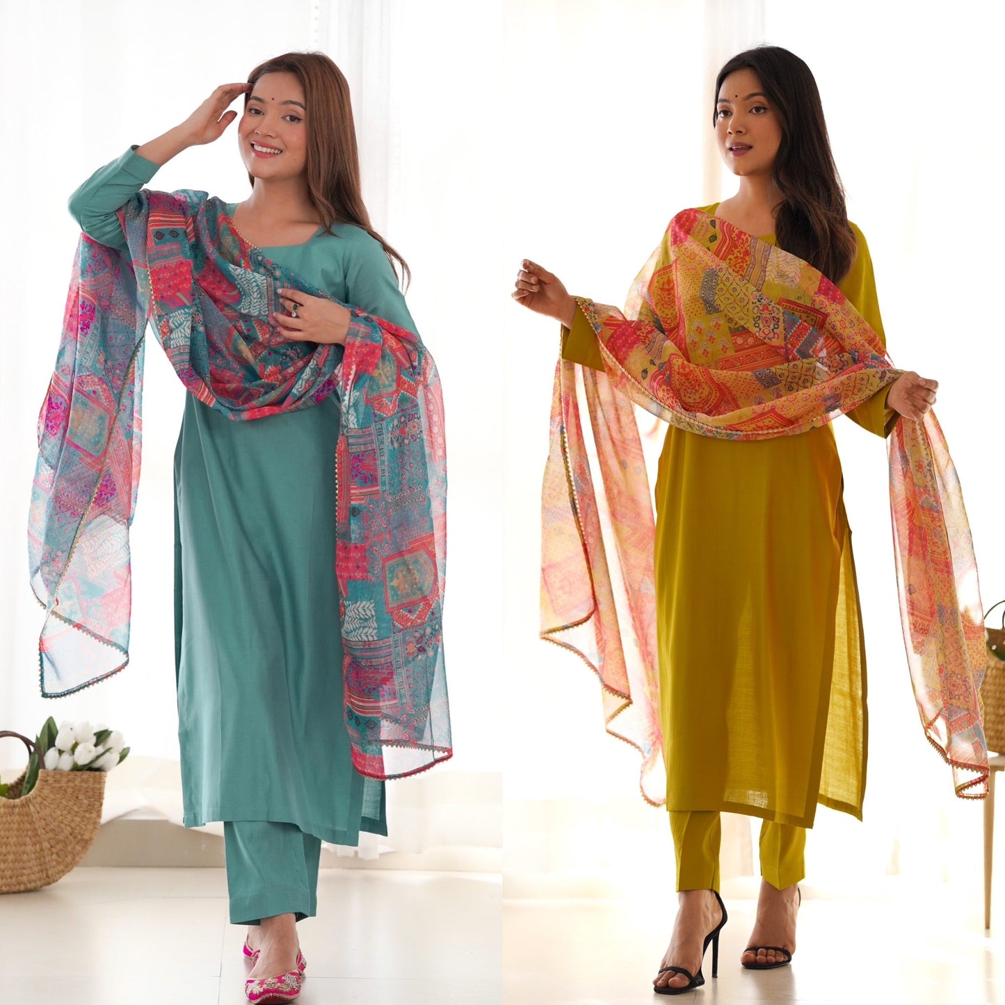 Delightful Viscose Teal Blue And Mustard Color Kurta With Pent