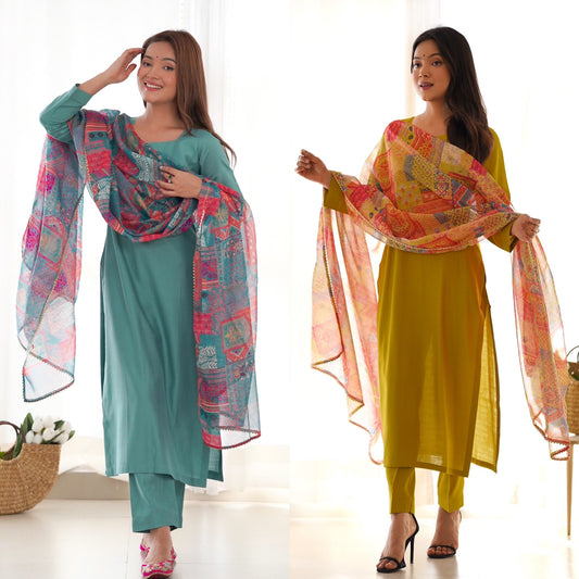 Delightful Viscose Teal Blue And Mustard Color Kurta With Pent