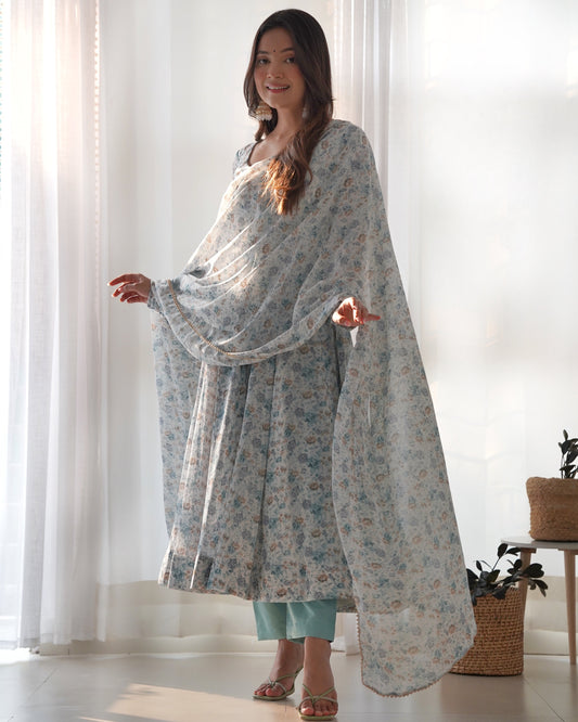 Unique Chiffon Floral Print Sky Blue And Pink Color Anarkali Suit