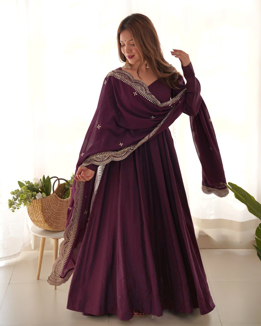 Decent Wine And Mustard Roman Silk Anarkali Gown