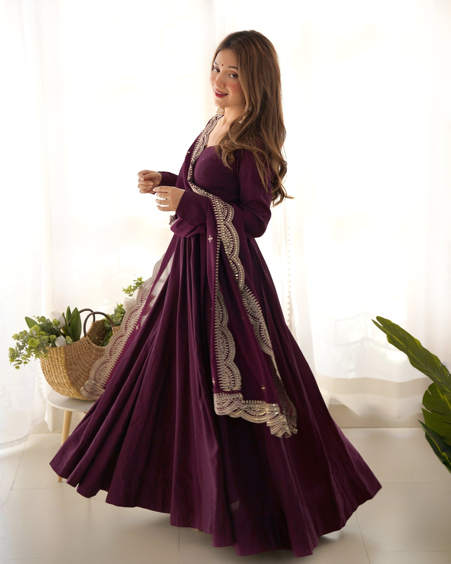 Decent Wine And Mustard Roman Silk Anarkali Gown