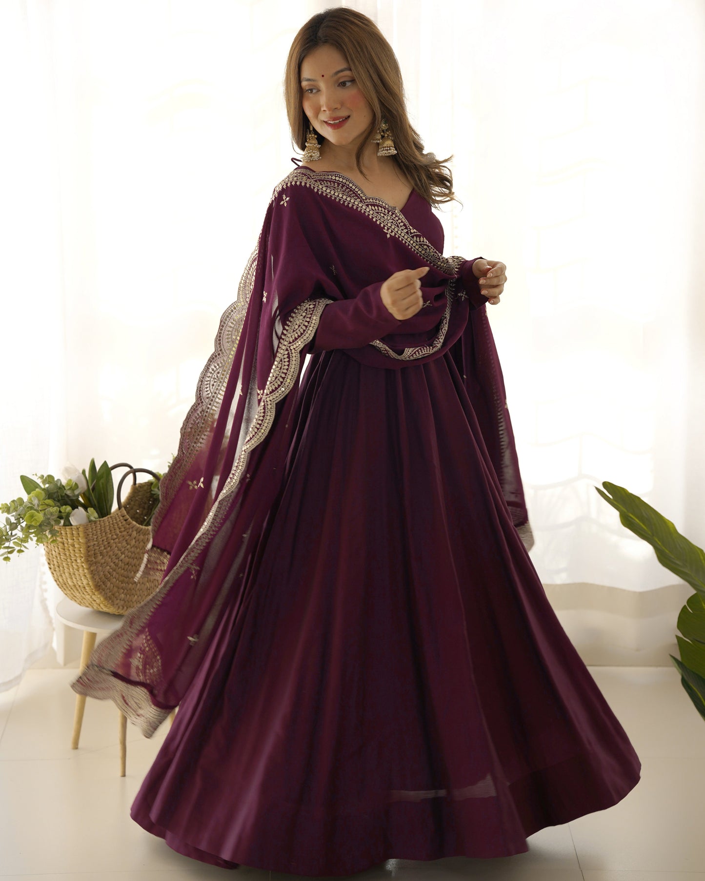 Decent Wine And Mustard Roman Silk Anarkali Gown
