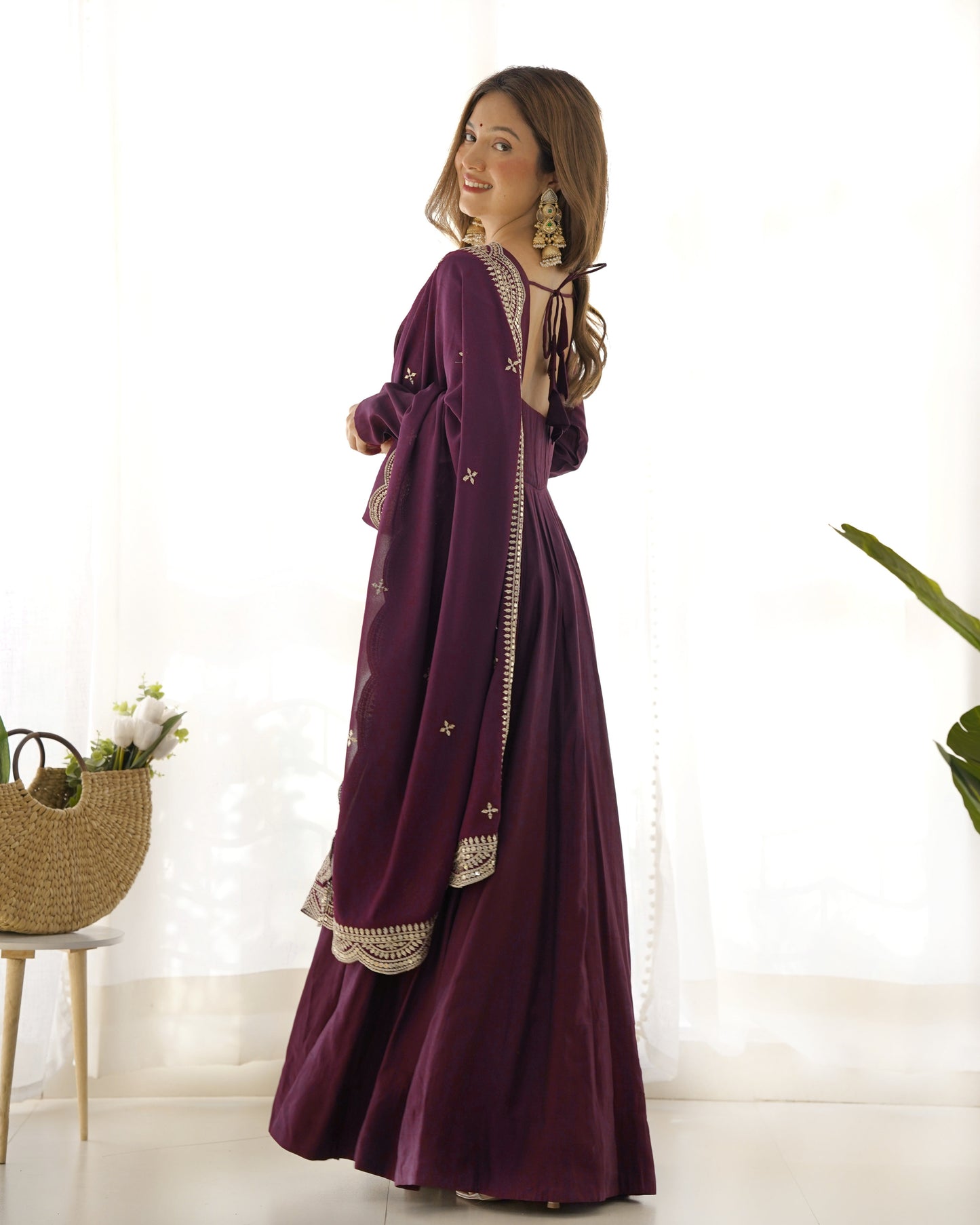 Decent Wine And Mustard Roman Silk Anarkali Gown