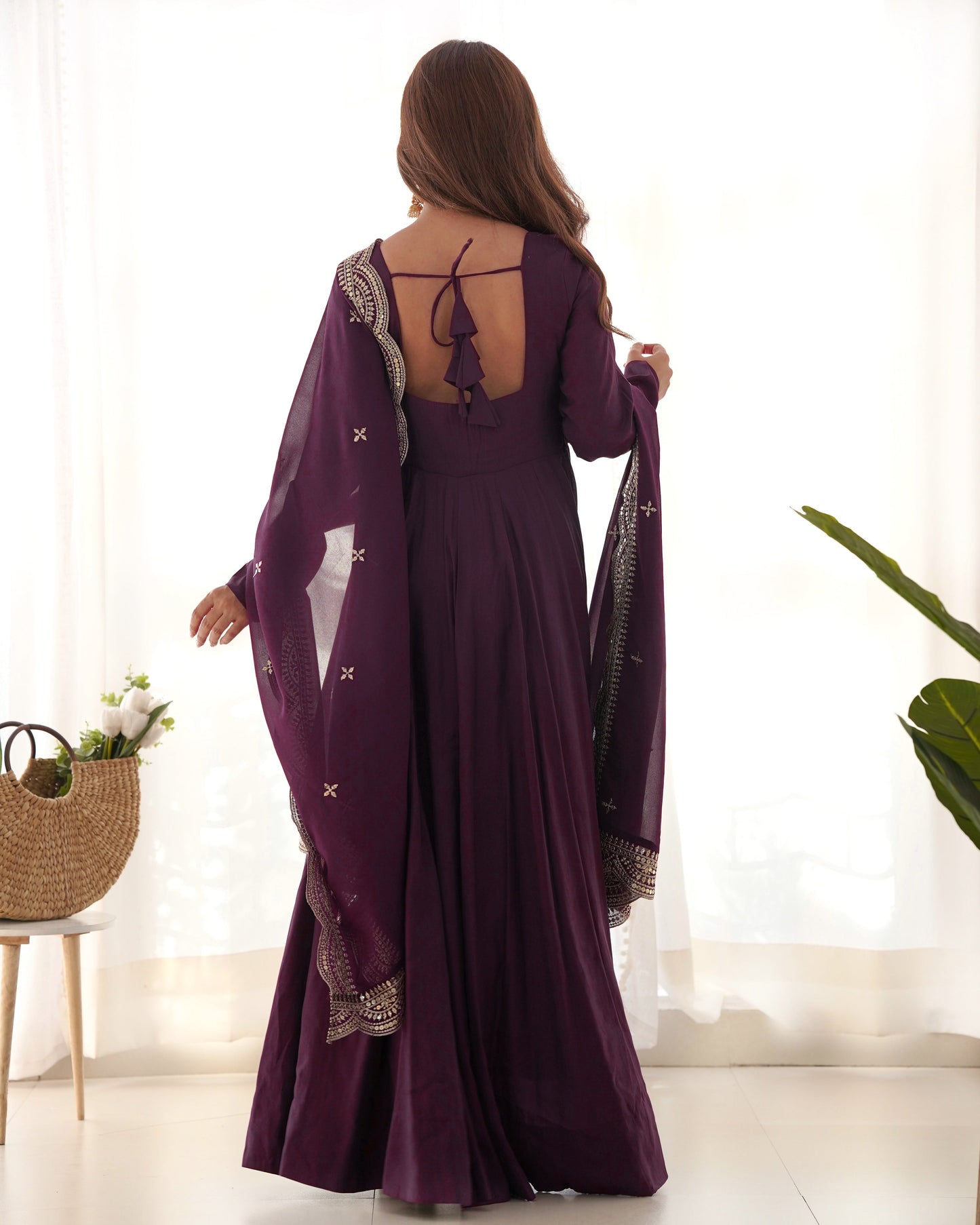 Decent Wine And Mustard Roman Silk Anarkali Gown