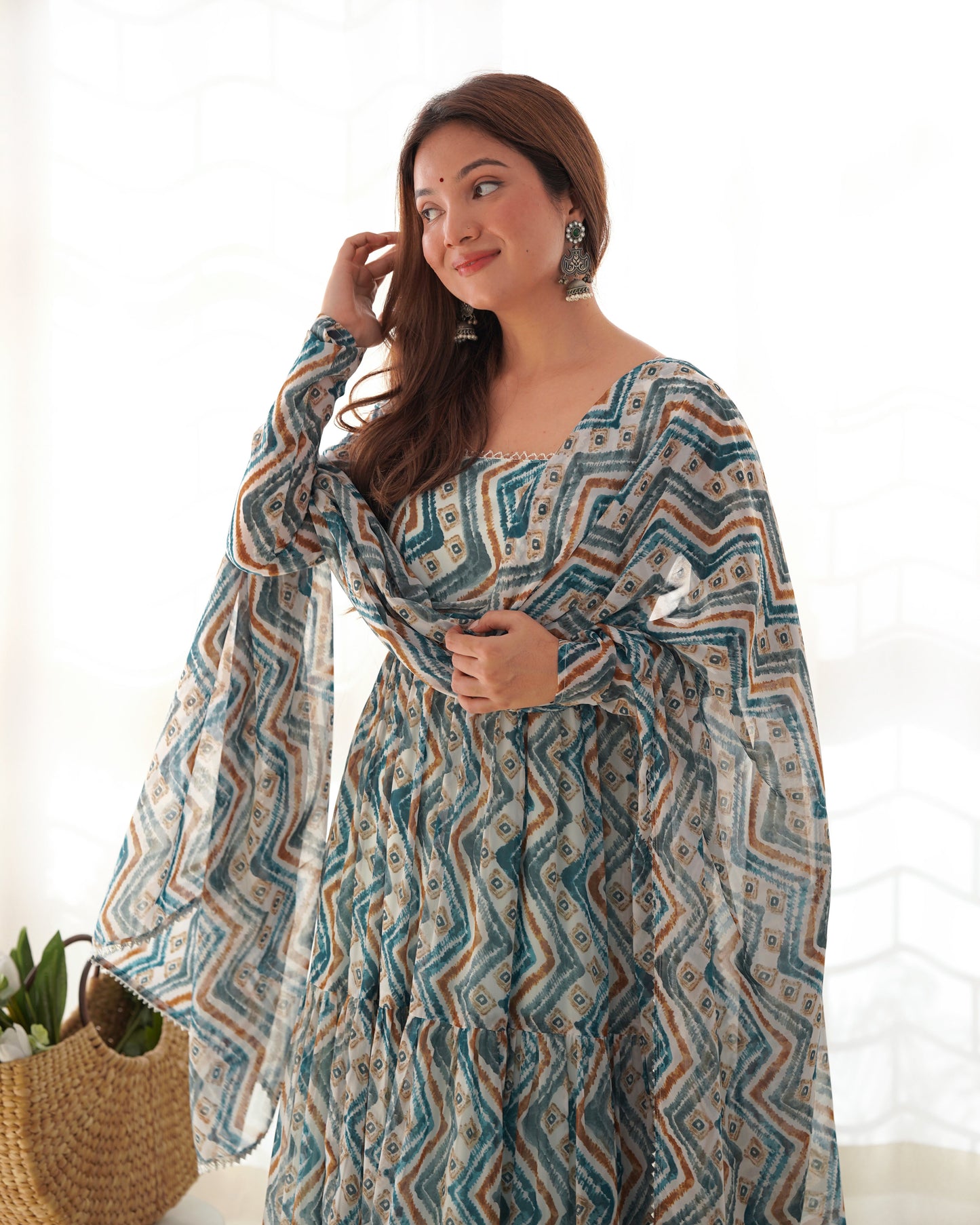 Classic Fox Georgette Zigzag Print Multi Sky Blue And Mustard Color Gown