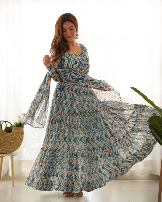 Classic Fox Georgette Zigzag Print Multi Sky Blue And Mustard Color Gown