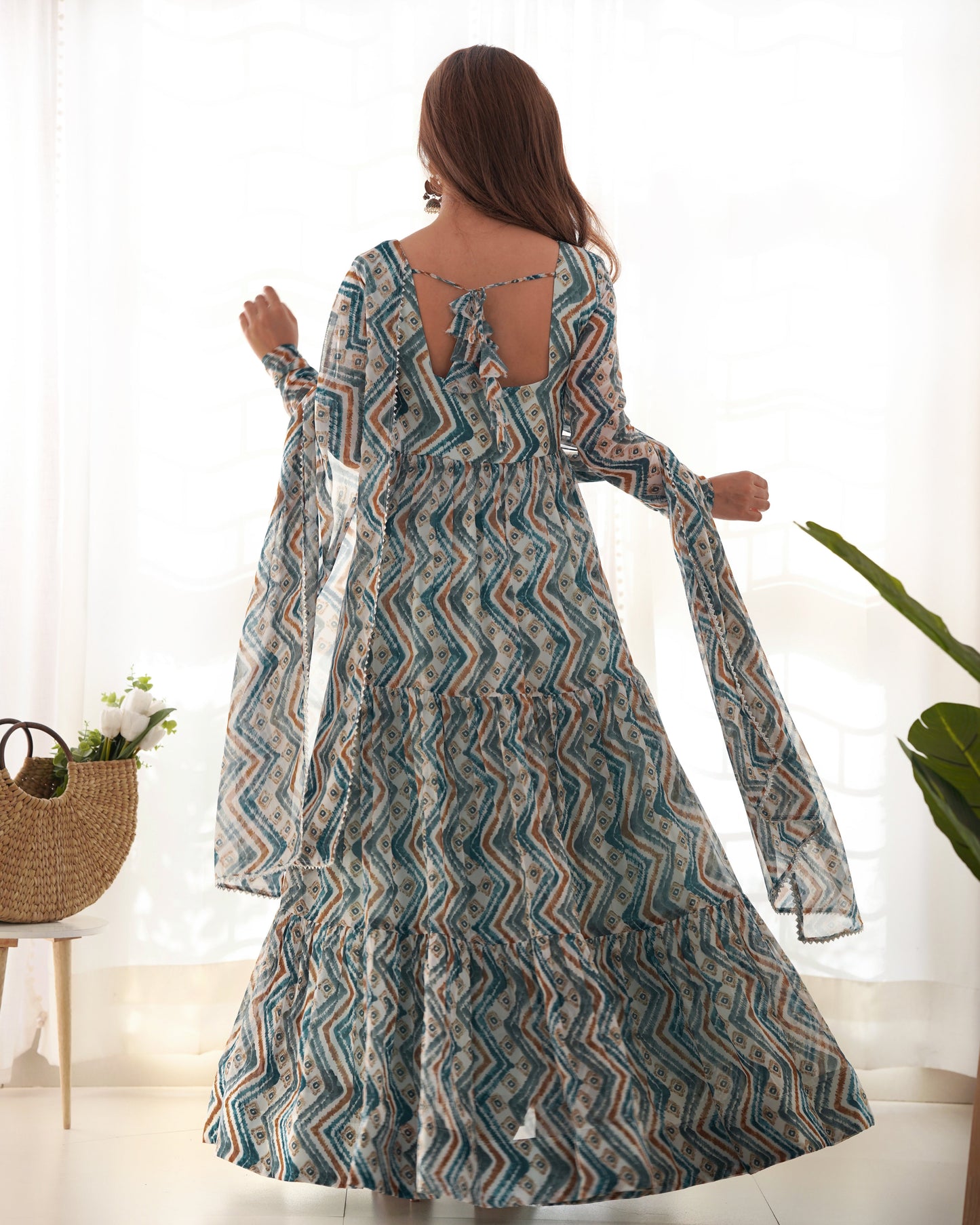 Classic Fox Georgette Zigzag Print Multi Sky Blue And Mustard Color Gown