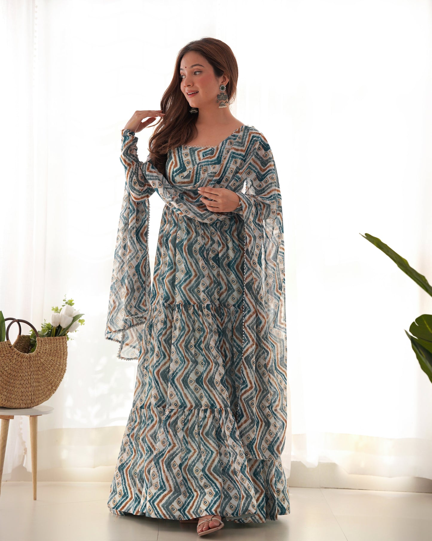 Classic Fox Georgette Zigzag Print Multi Sky Blue And Mustard Color Gown