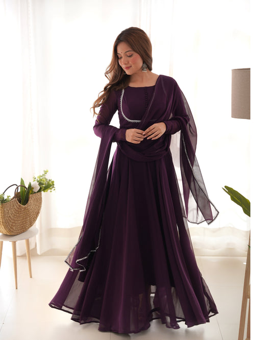 Delightful Georgette Wine And Pink Color Ready To Wear Gown