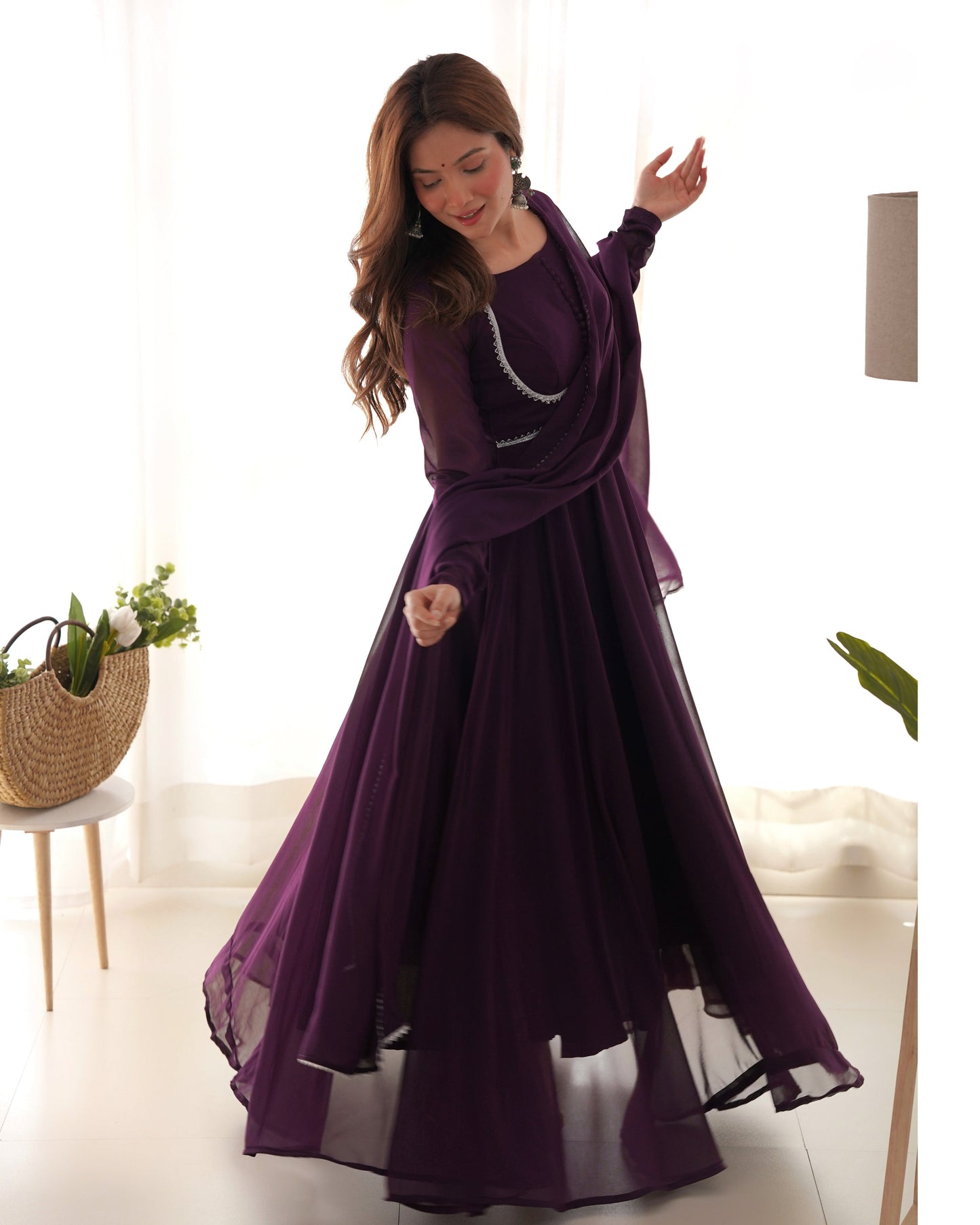 Delightful Georgette Wine And Pink Color Ready To Wear Gown