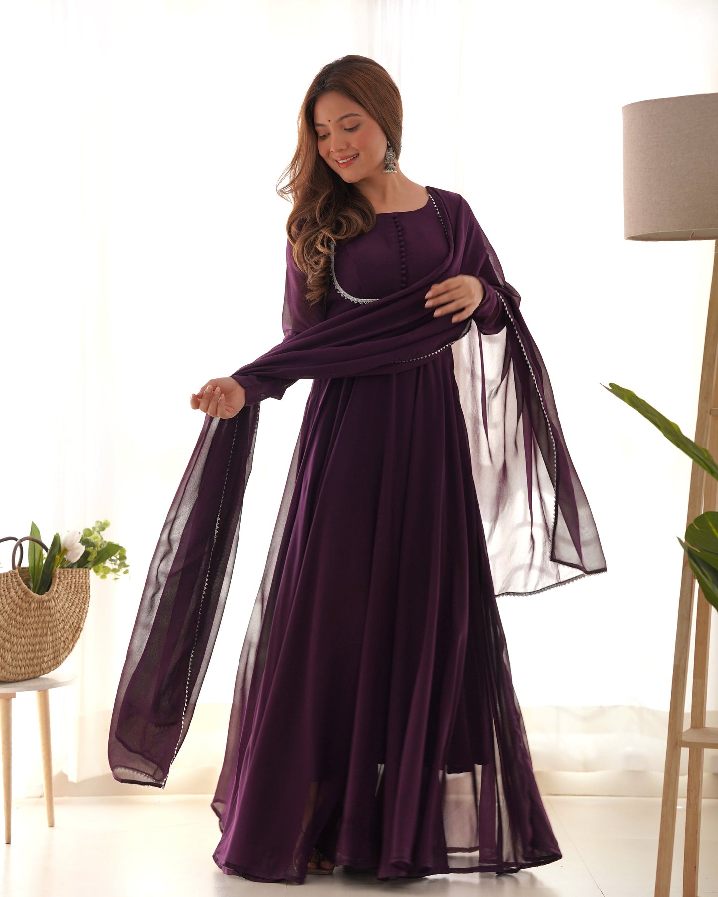 Delightful Georgette Wine And Pink Color Ready To Wear Gown