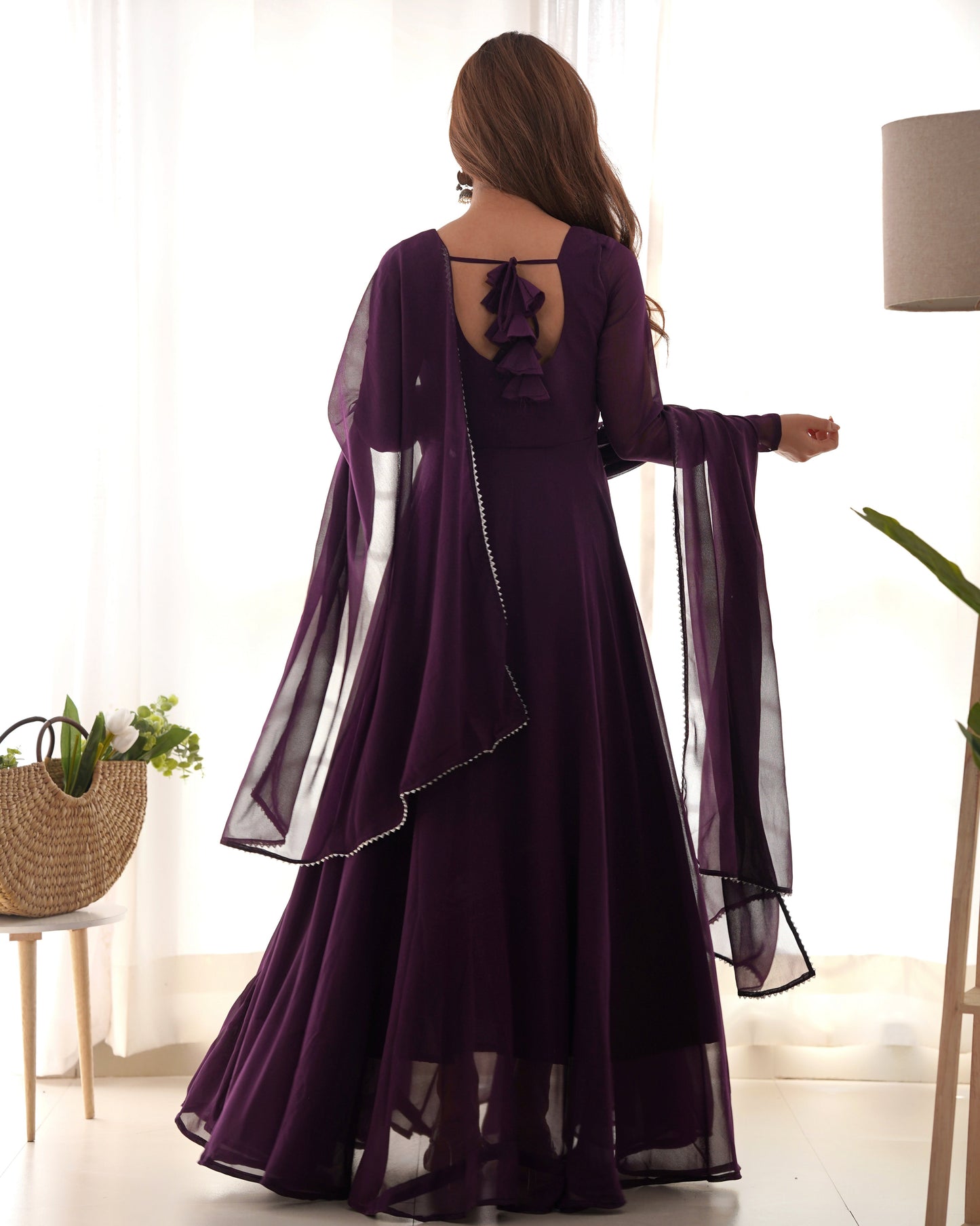 Delightful Georgette Wine And Pink Color Ready To Wear Gown
