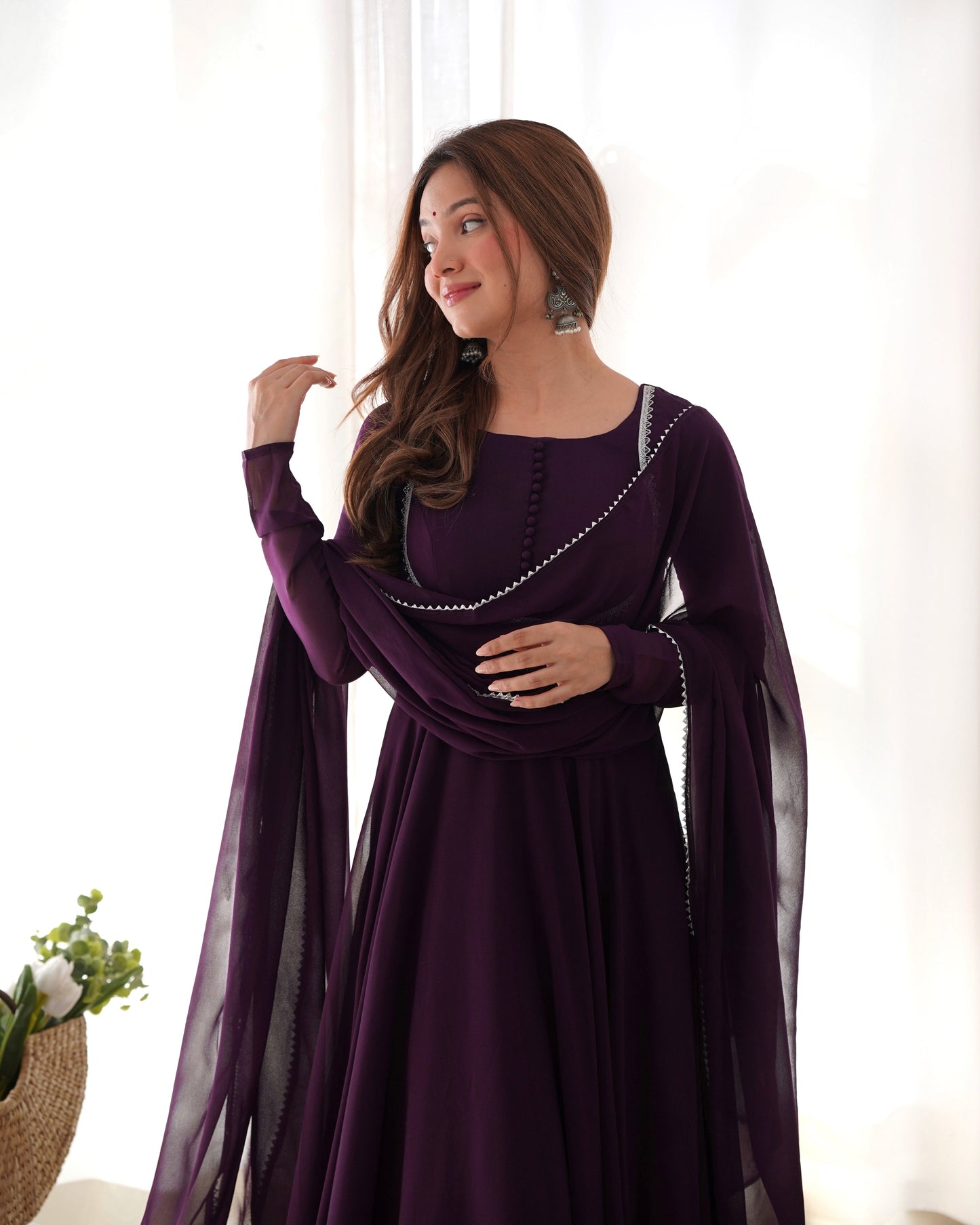 Delightful Georgette Wine And Pink Color Ready To Wear Gown