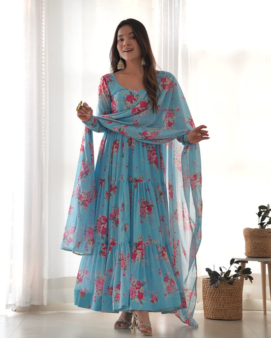 Function Wear Georgette Sky Blue Color Anarkali Gown