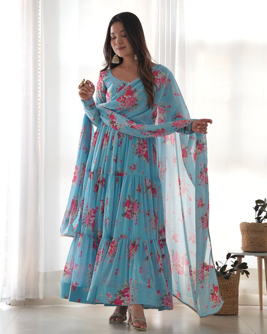 Function Wear Georgette Sky Blue Color Anarkali Gown