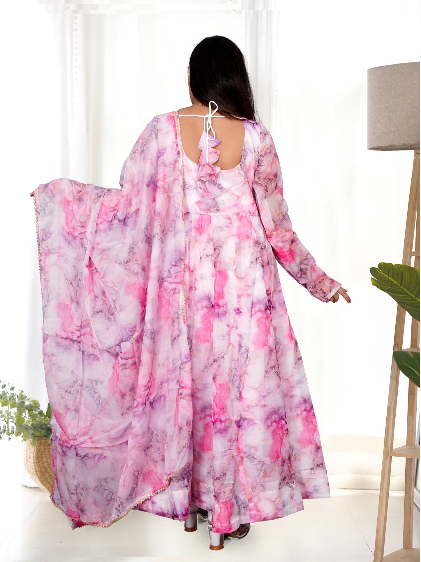 Beautiful Pink Color Organza Silk Print Anarkali Suit Set
